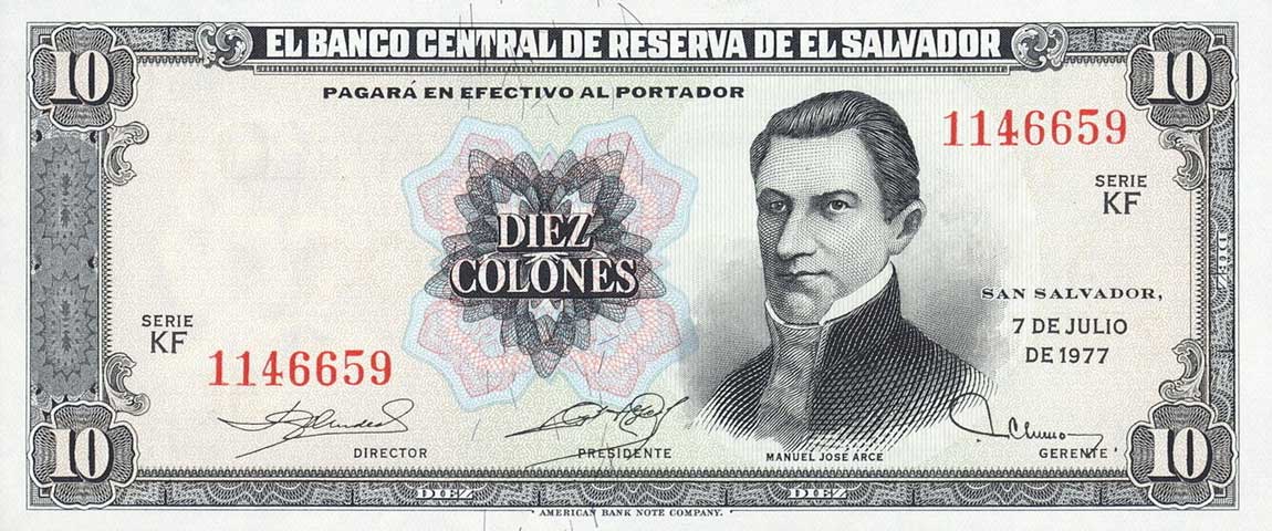 Front of El Salvador p128a: 10 Colones from 1977