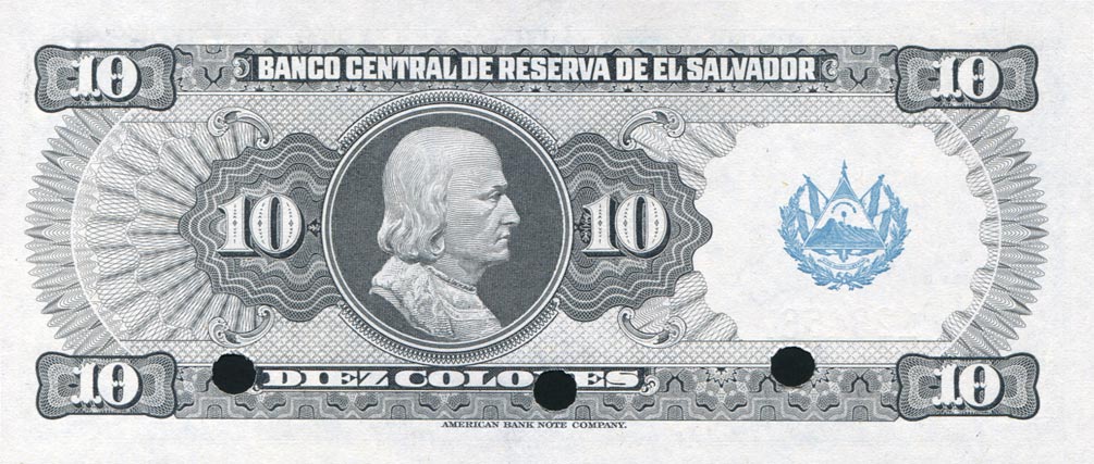 Back of El Salvador p128s: 10 Colones from 1977