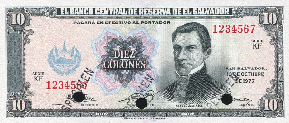 Front of El Salvador p128s: 10 Colones from 1977