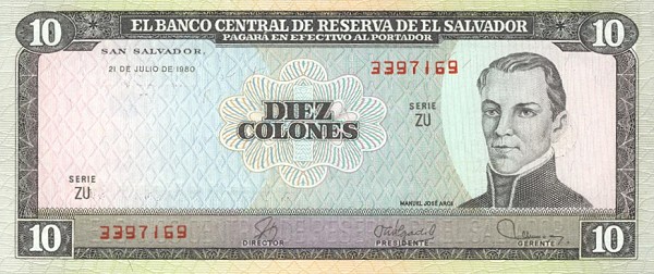 Front of El Salvador p129b: 10 Colones from 1979