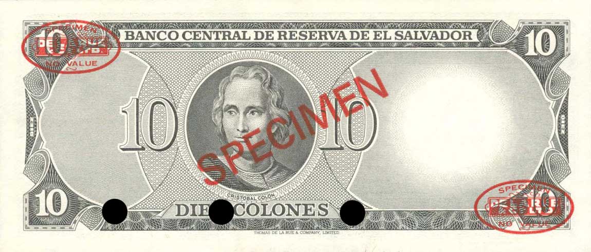 Back of El Salvador p129s: 10 Colones from 1979