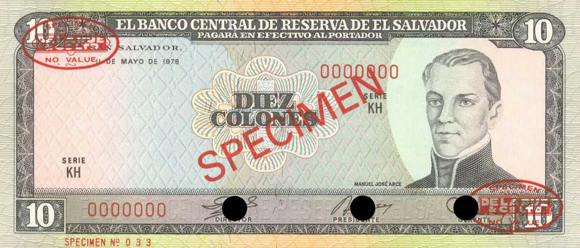 Front of El Salvador p129s: 10 Colones from 1979