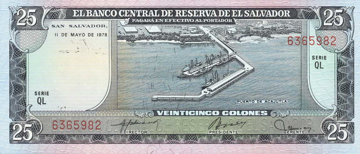 Front of El Salvador p130a: 25 Colones from 1978