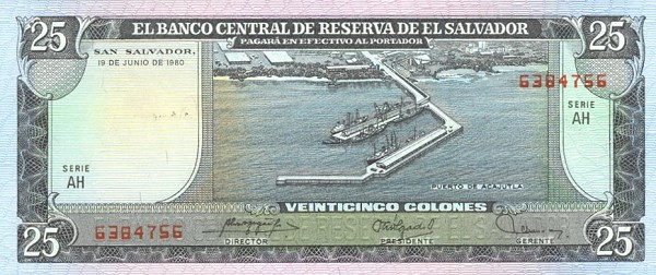 Front of El Salvador p130b: 25 Colones from 1979