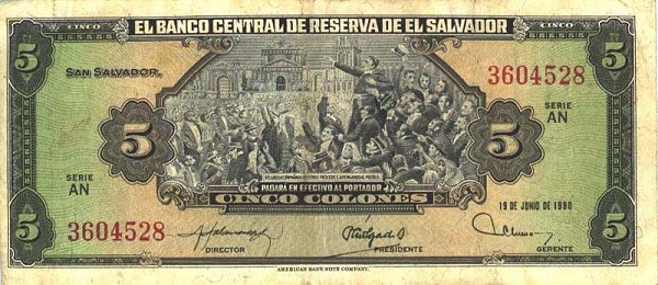 Front of El Salvador p132A: 5 Colones from 1980