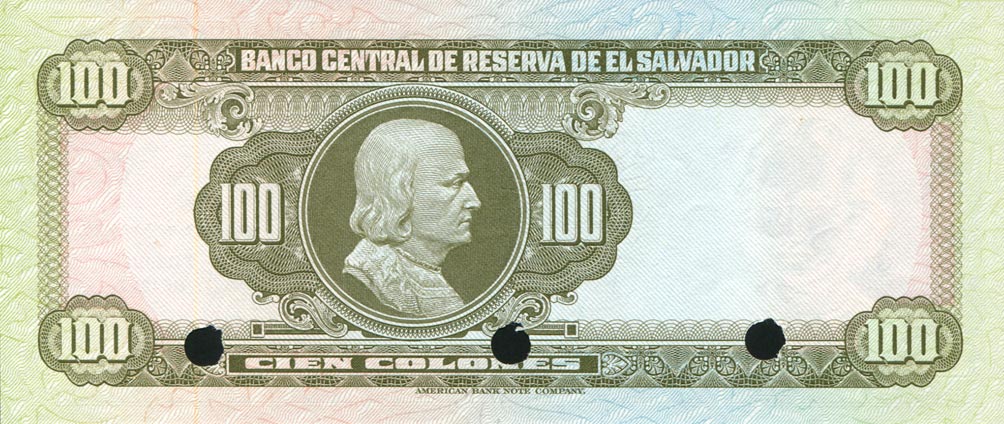 Back of El Salvador p132s: 100 Colones from 1977