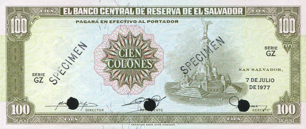 Front of El Salvador p132s: 100 Colones from 1977