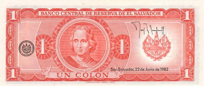 Back of El Salvador p133Aa: 1 Colon from 1982