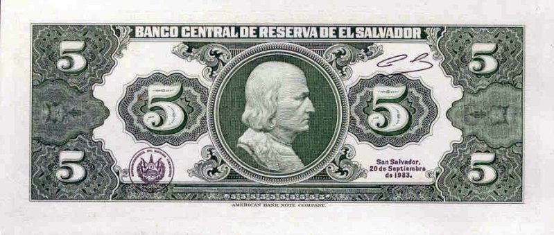 Back of El Salvador p134a: 5 Colones from 1983