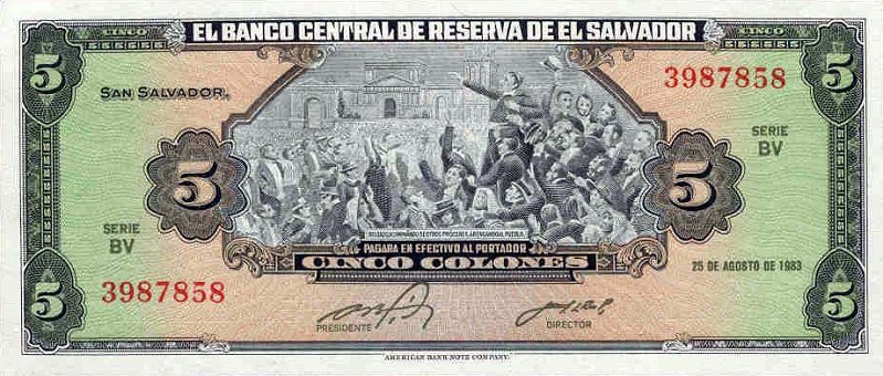 Front of El Salvador p134a: 5 Colones from 1983