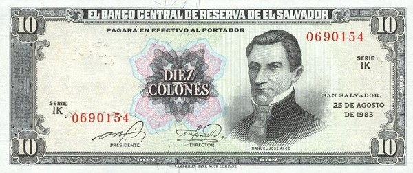 Front of El Salvador p135a: 10 Colones from 1983