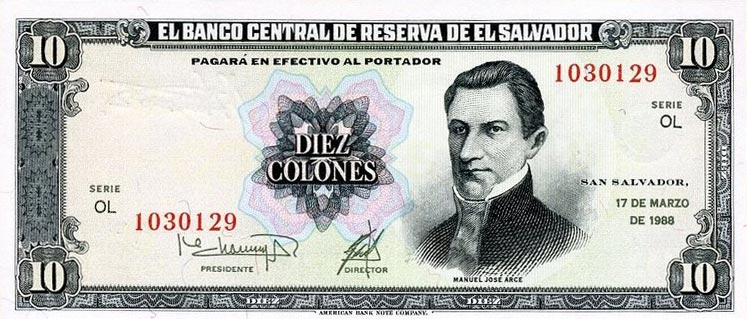 Front of El Salvador p135b: 10 Colones from 1988