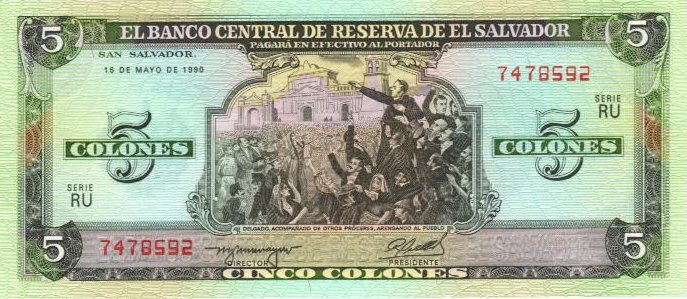 Front of El Salvador p138a: 5 Colones from 1990