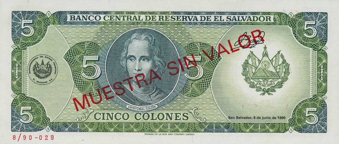 Back of El Salvador p138s: 5 Colones from 1990