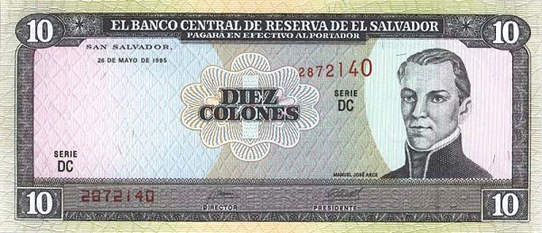 Front of El Salvador p141a: 10 Colones from 1995