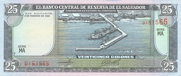 Front of El Salvador p142a: 25 Colones from 1995