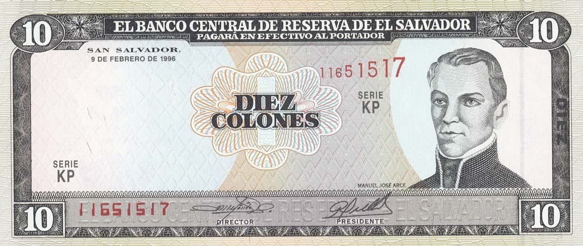 Front of El Salvador p144a: 10 Colones from 1996