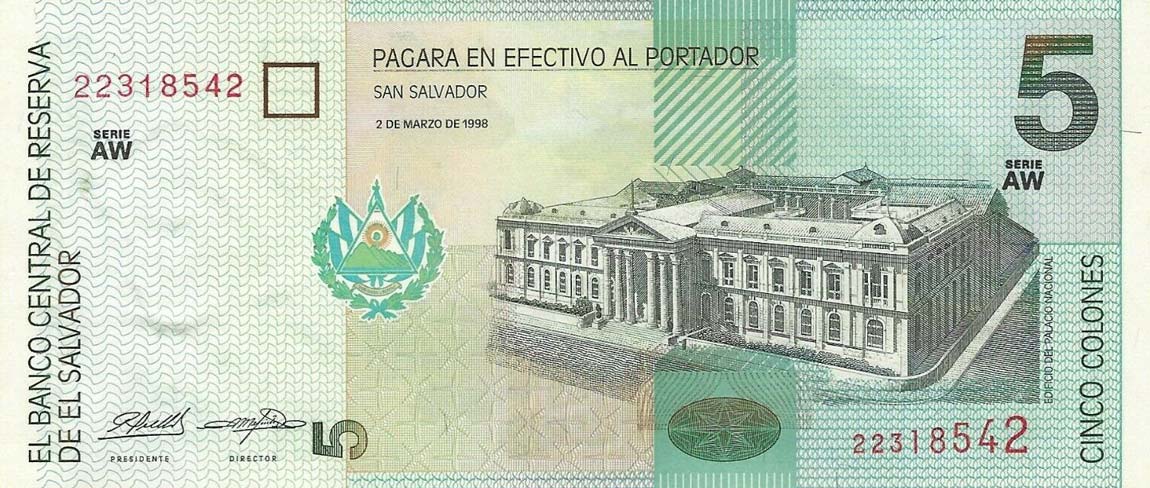 Front of El Salvador p147b: 5 Colones from 1998