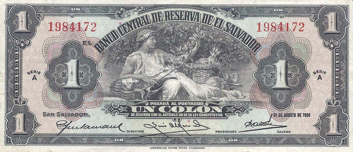 Front of El Salvador p75a: 1 Colon from 1934