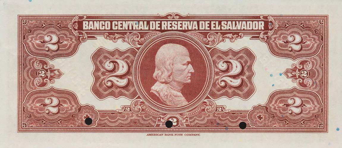 Back of El Salvador p76s: 2 Colones from 1934