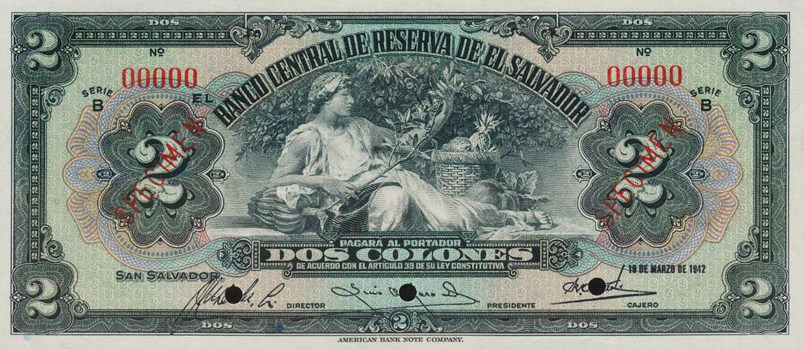 Front of El Salvador p76s: 2 Colones from 1934