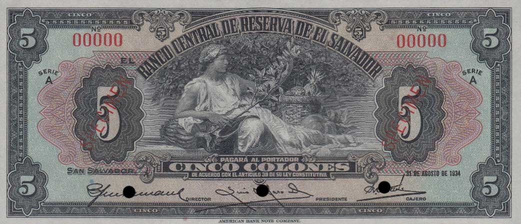 Front of El Salvador p77s: 5 Colones from 1934