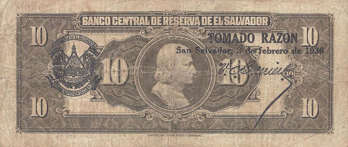 Back of El Salvador p78a: 10 Colones from 1934