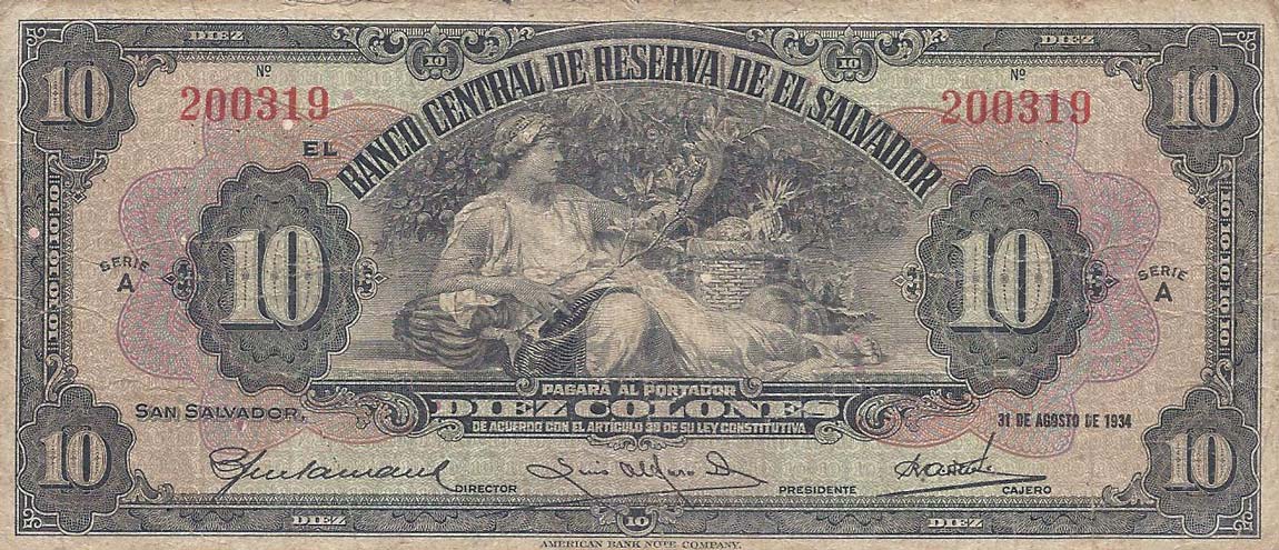 Front of El Salvador p78a: 10 Colones from 1934