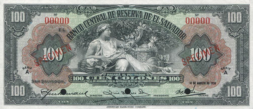 Front of El Salvador p80s: 100 Colones from 1934