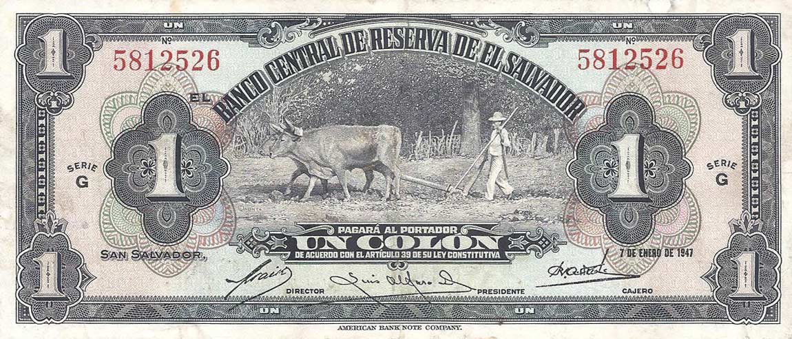 Front of El Salvador p83a: 1 Colon from 1944