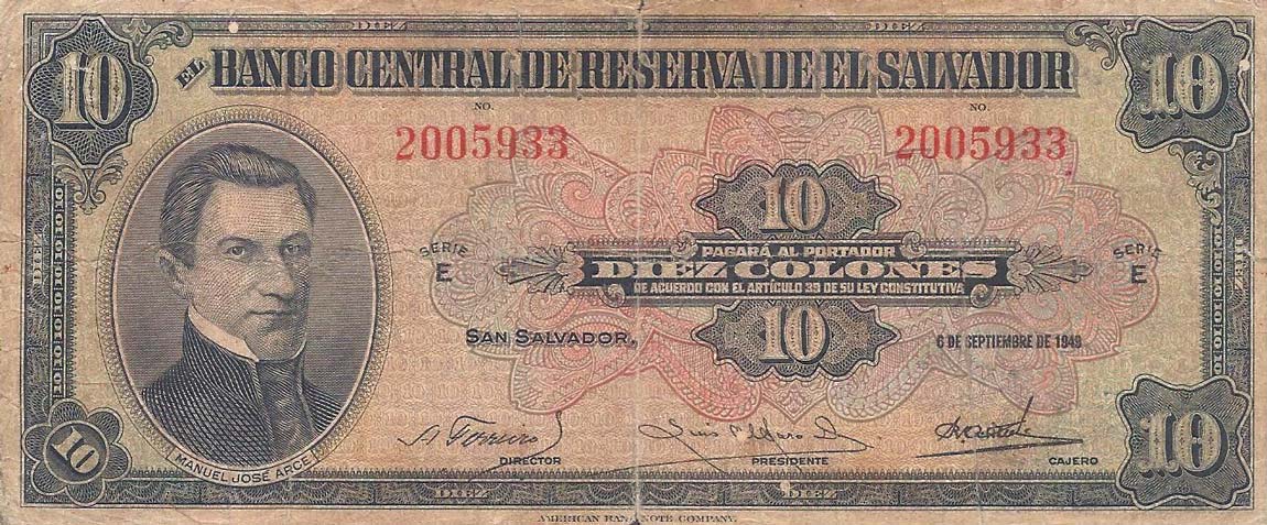 Front of El Salvador p85a: 10 Colones from 1943