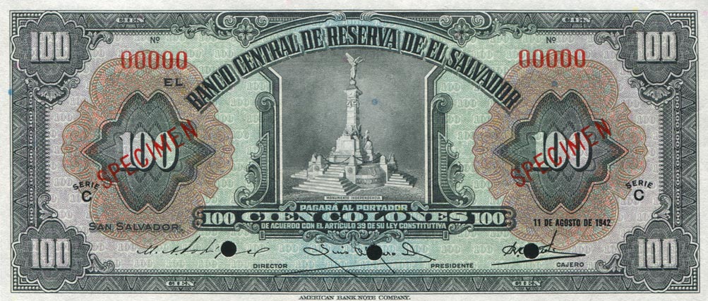 Front of El Salvador p86s: 100 Colones from 1942