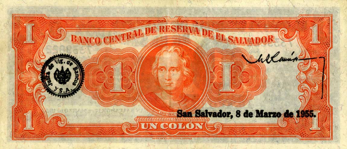 Back of El Salvador p87: 1 Colon from 1950