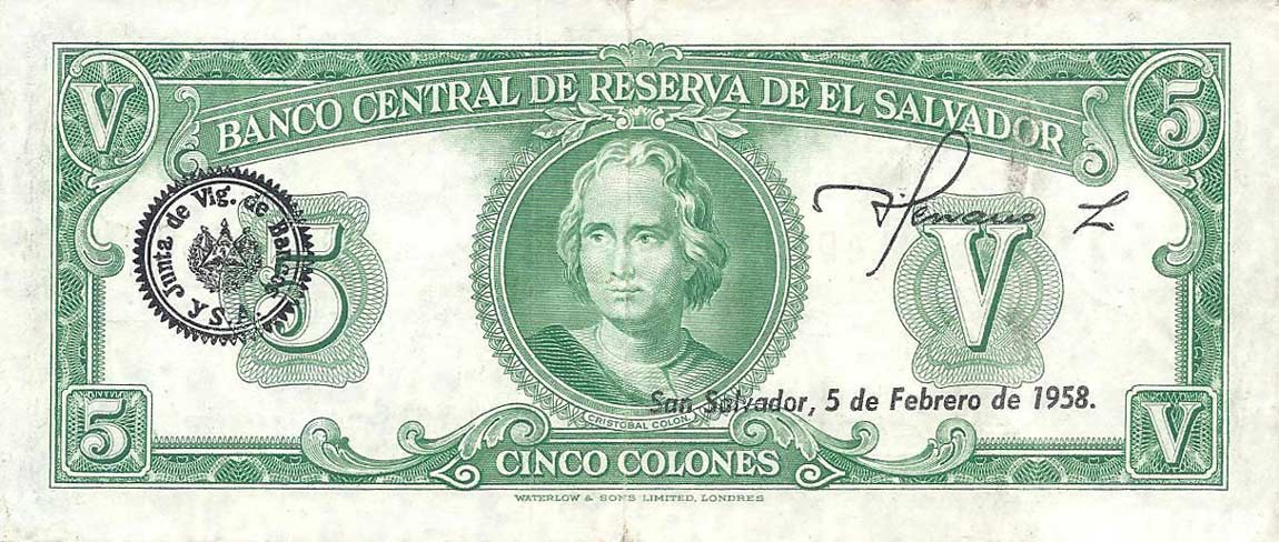 Back of El Salvador p92b: 5 Colones from 1957