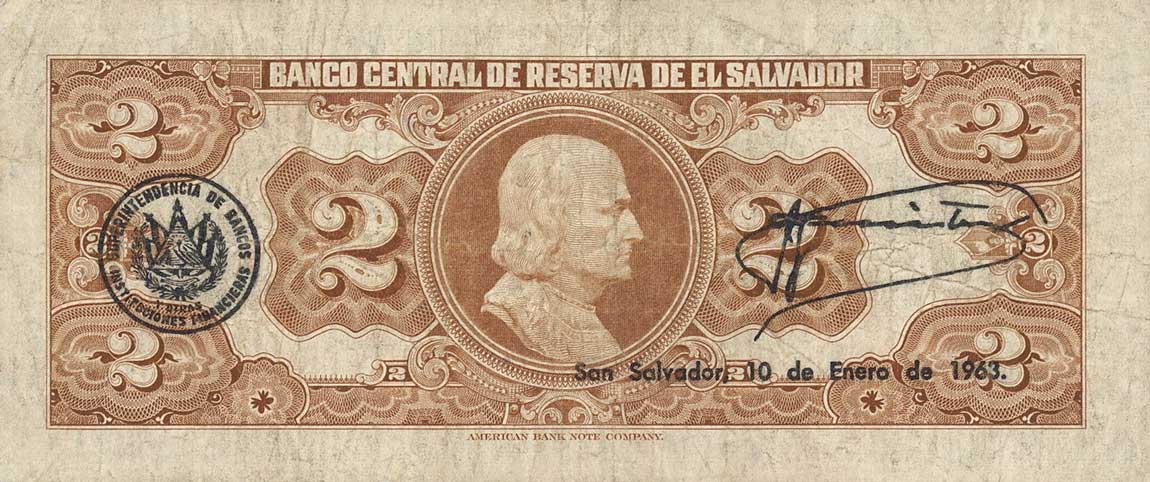 Back of El Salvador p94a: 2 Colones from 1960