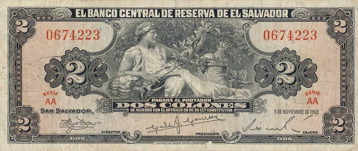 Front of El Salvador p94a: 2 Colones from 1960