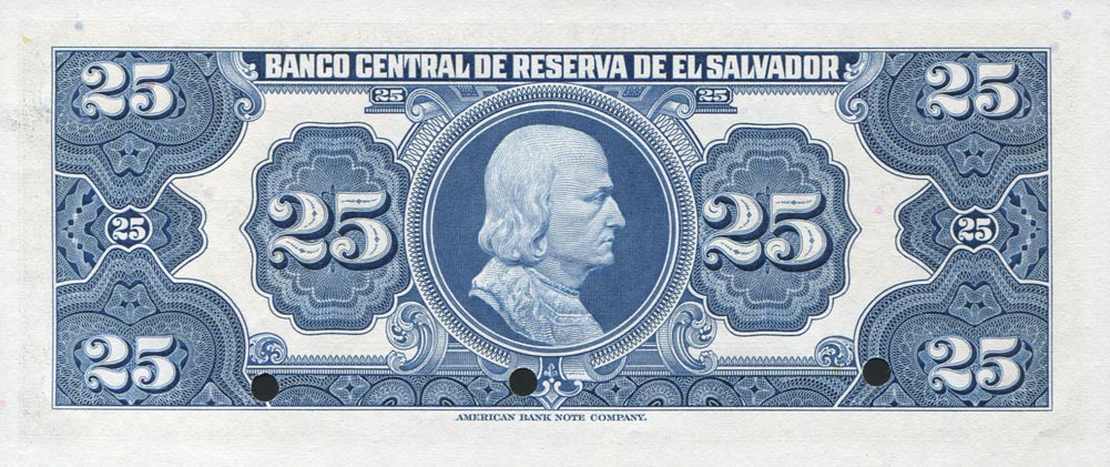 Back of El Salvador p97s: 25 Colones from 1958