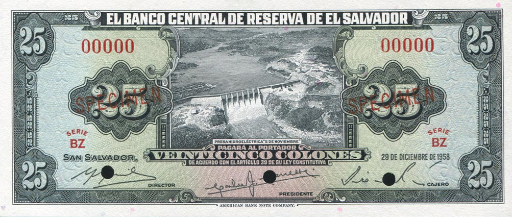 Front of El Salvador p97s: 25 Colones from 1958