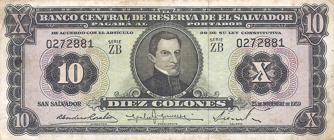 Front of El Salvador p99: 10 Colones from 1959
