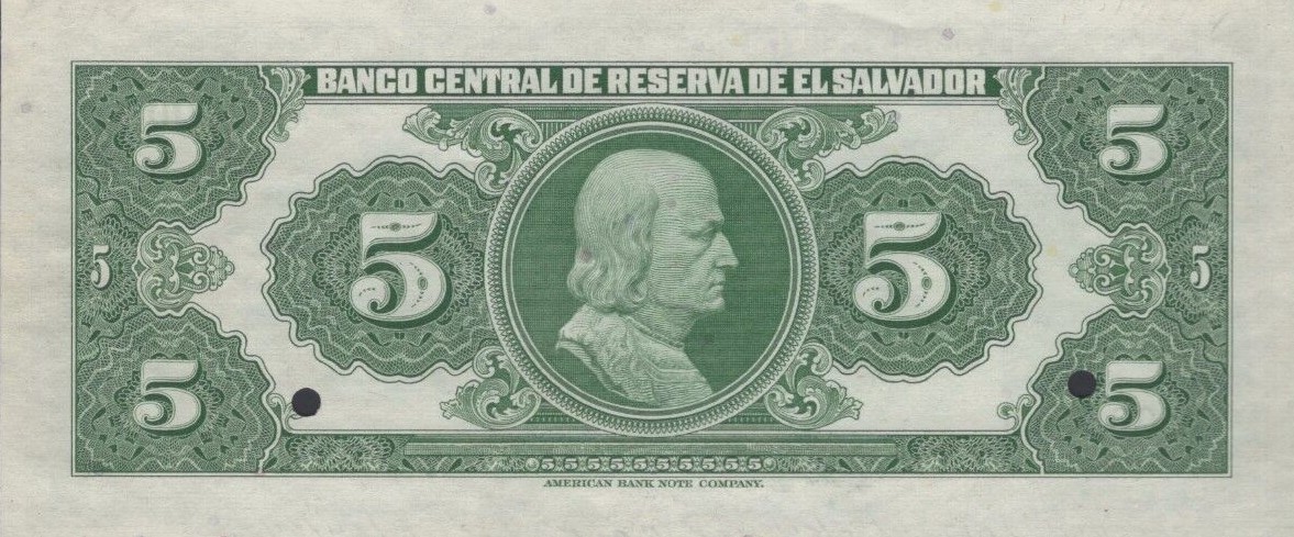 Back of El Salvador p106s: 5 Colones from 1964