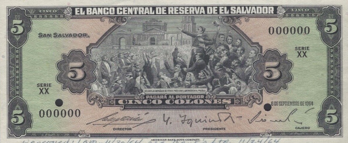 Front of El Salvador p106s: 5 Colones from 1964