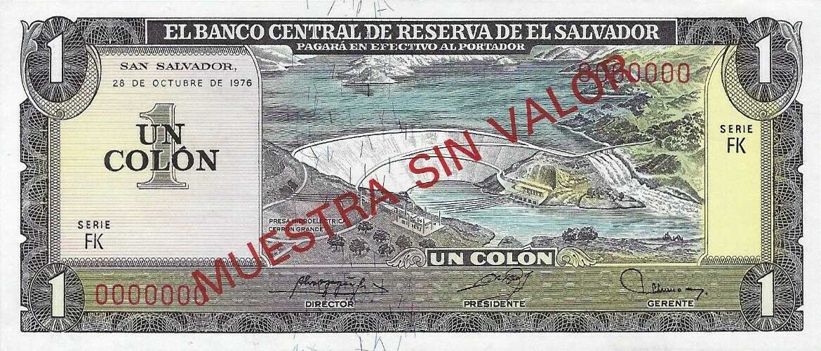 Front of El Salvador p123s: 1 Colon from 1976