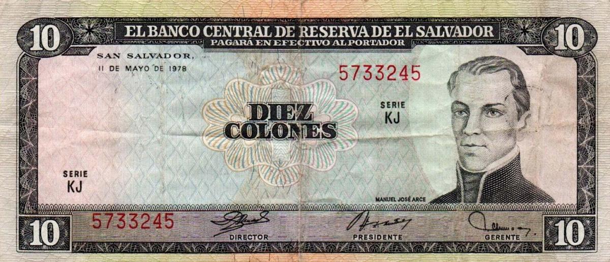 Front of El Salvador p129a: 10 Colones from 1978