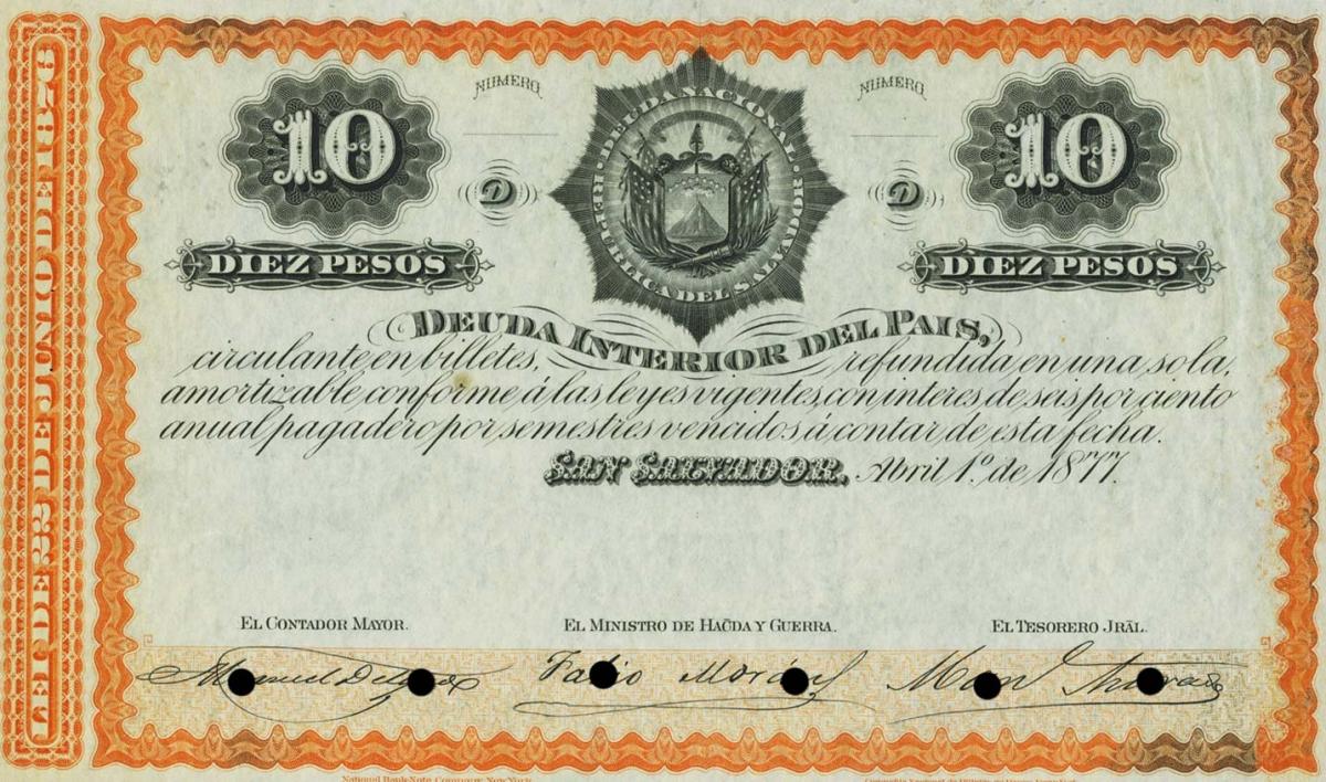 Front of El Salvador p12: 10 Pesos from 1877