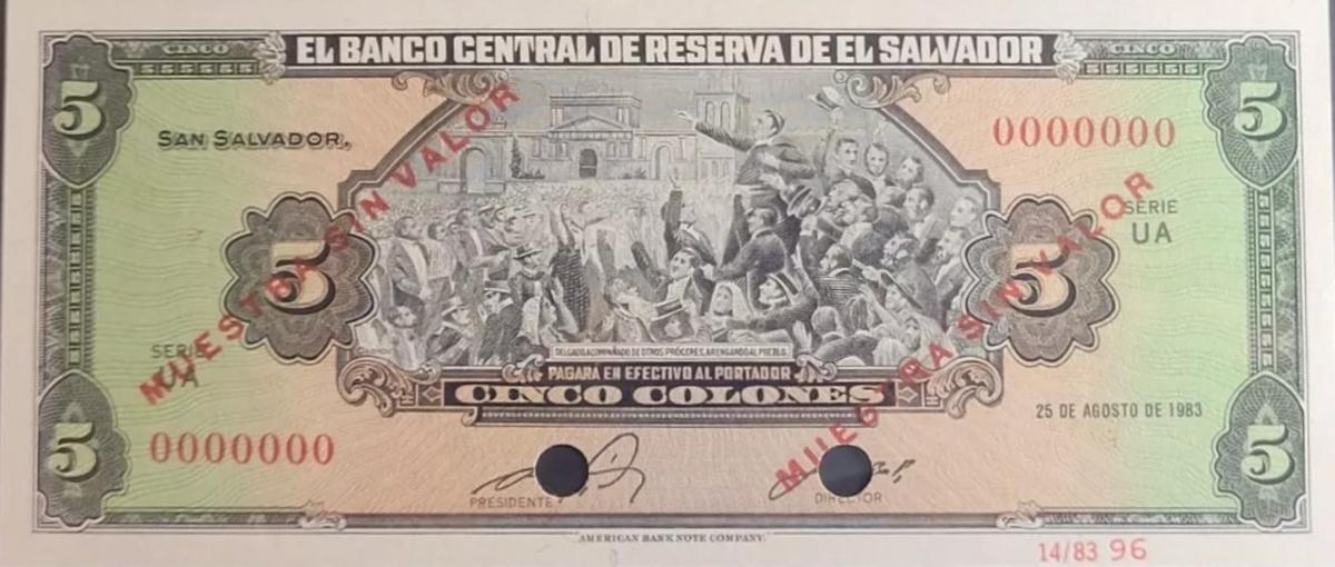 Front of El Salvador p134s1: 5 Colones from 1983