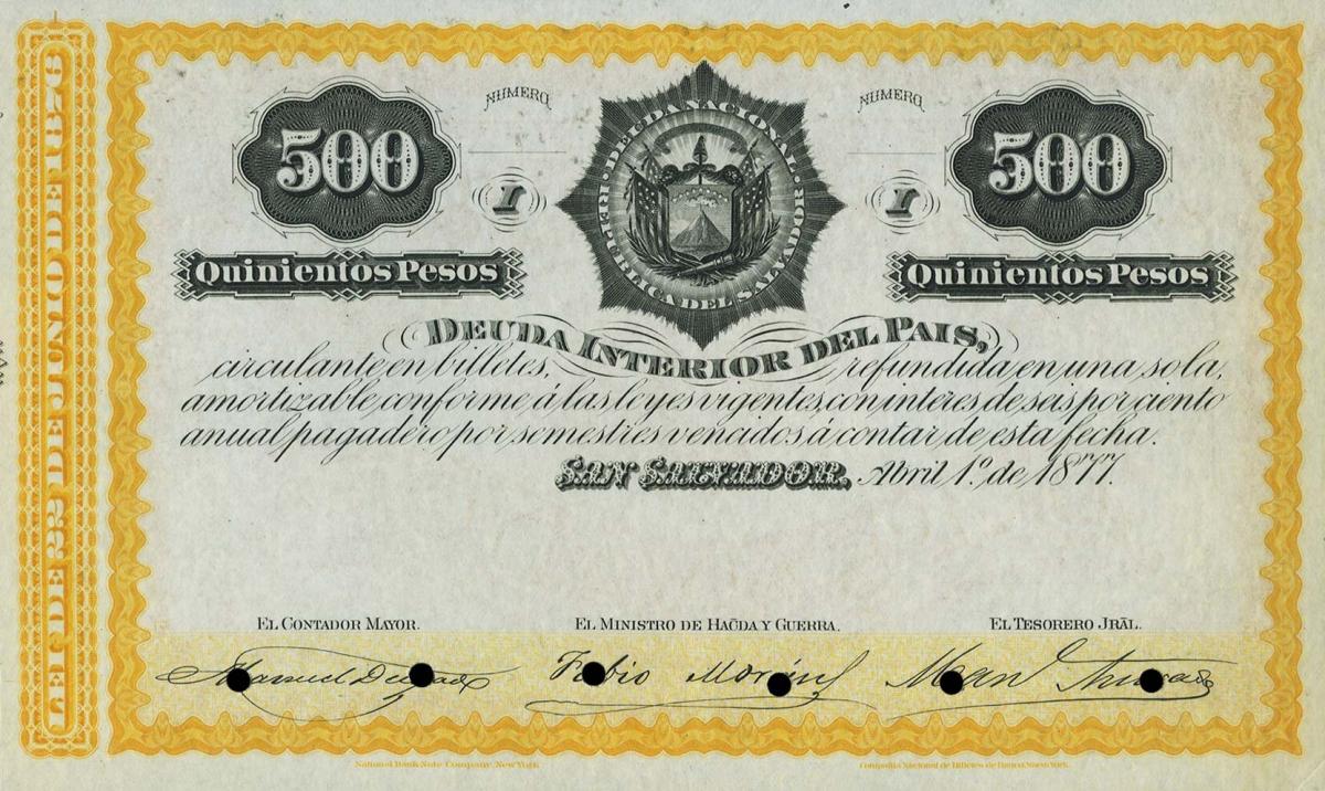 Front of El Salvador p17: 500 Pesos from 1877