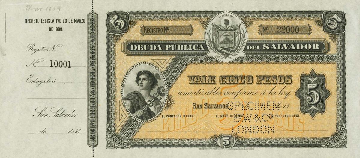 Front of El Salvador p33s: 5 Pesos from 1880