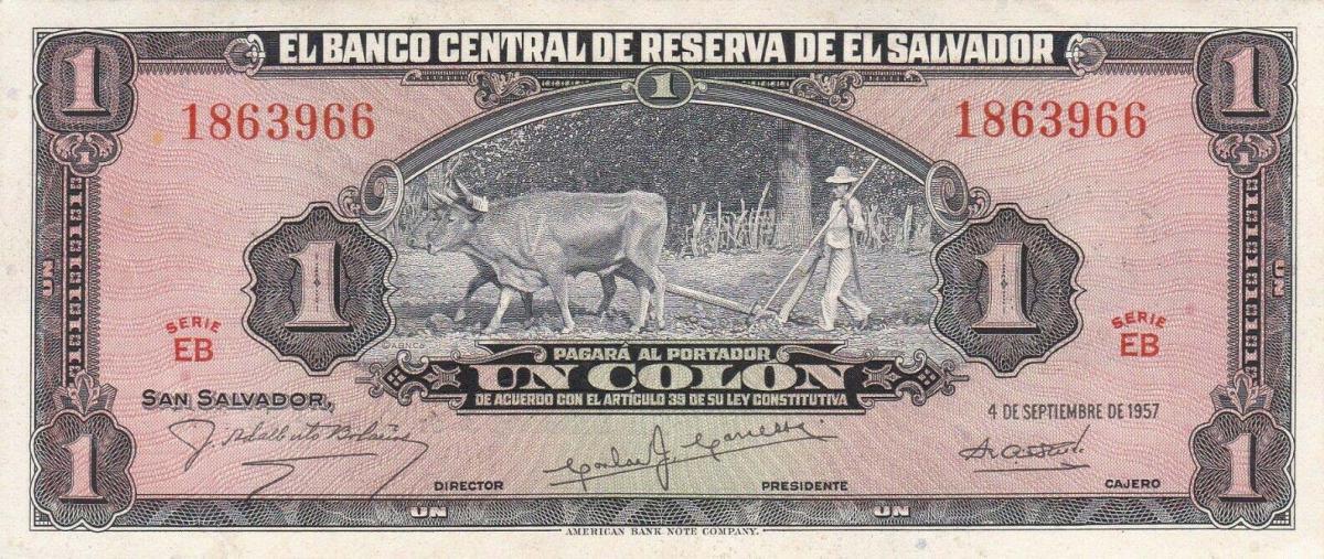 Front of El Salvador p93a: 1 Colon from 1957