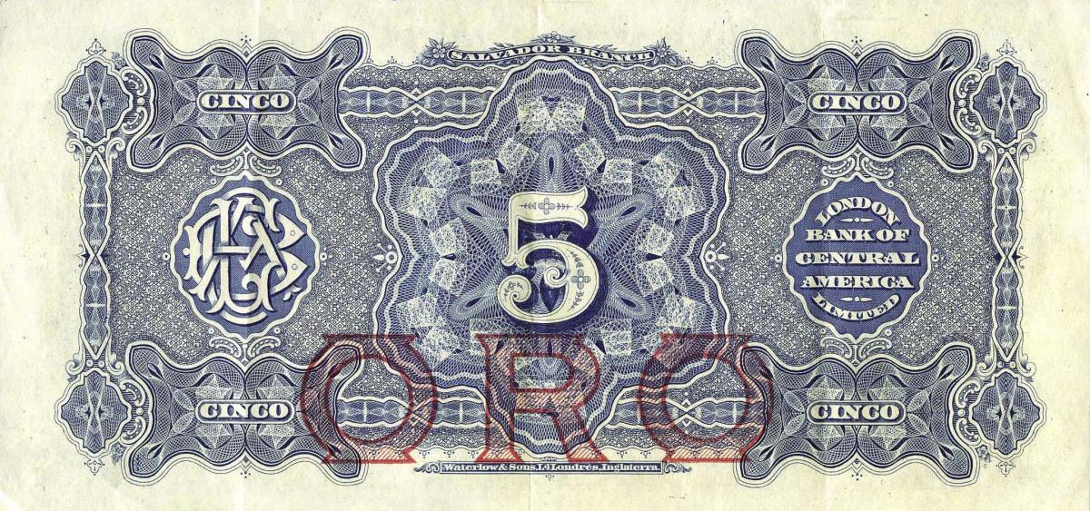 Back of El Salvador pS137p: 5 Pesos from 1905