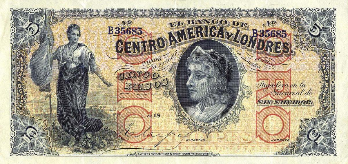 Front of El Salvador pS137p: 5 Pesos from 1905